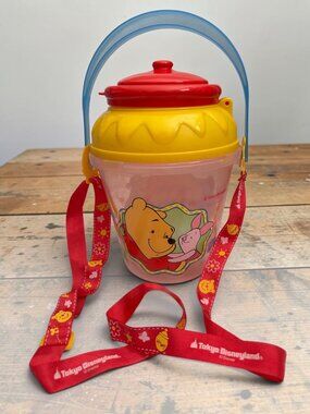 Tokyo Disneyland Winnie The Pooh Popcorn Bucket With Red Strap & Lid Yellow & Cl